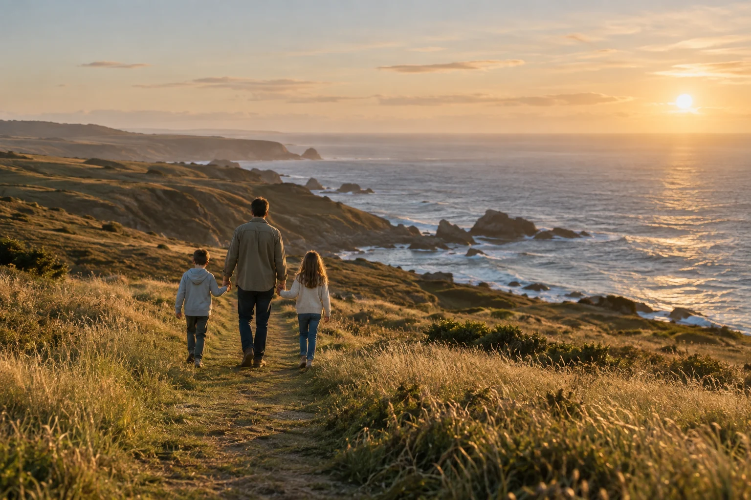 A father and two children walking hand in hand along a coastal path at sunset.