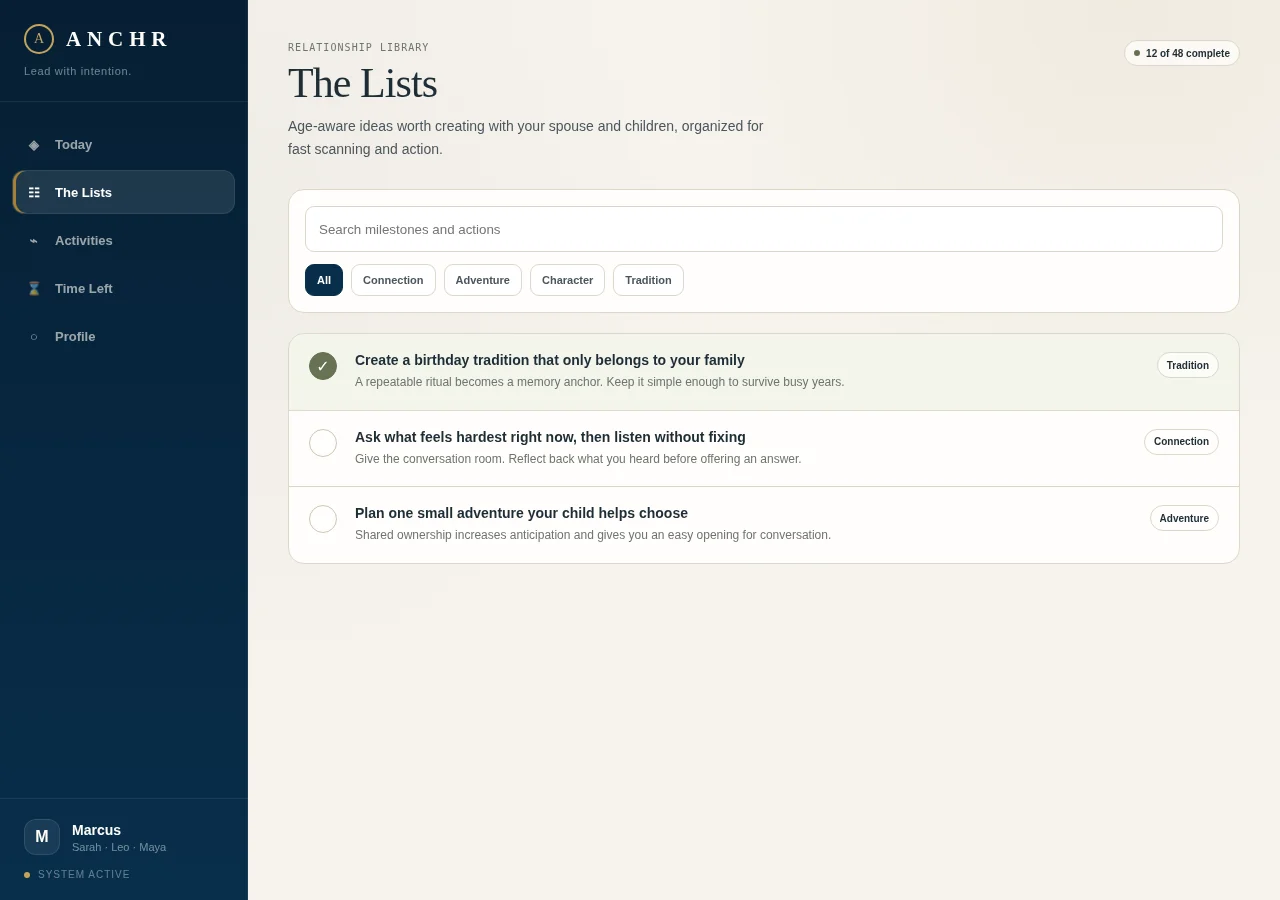 ANCHR Lists screen with searchable connection, adventure, character, and tradition ideas