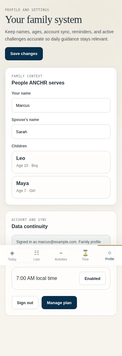 ANCHR mobile profile screen for private family names, ages, reminders, account sync, and plan management